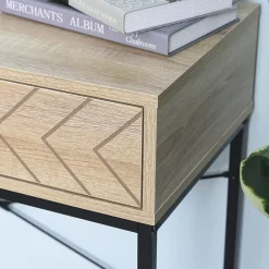 Table console industriel 2 tiroirs bois naturel pieds métal dim. 90 x 35 x 76 cm