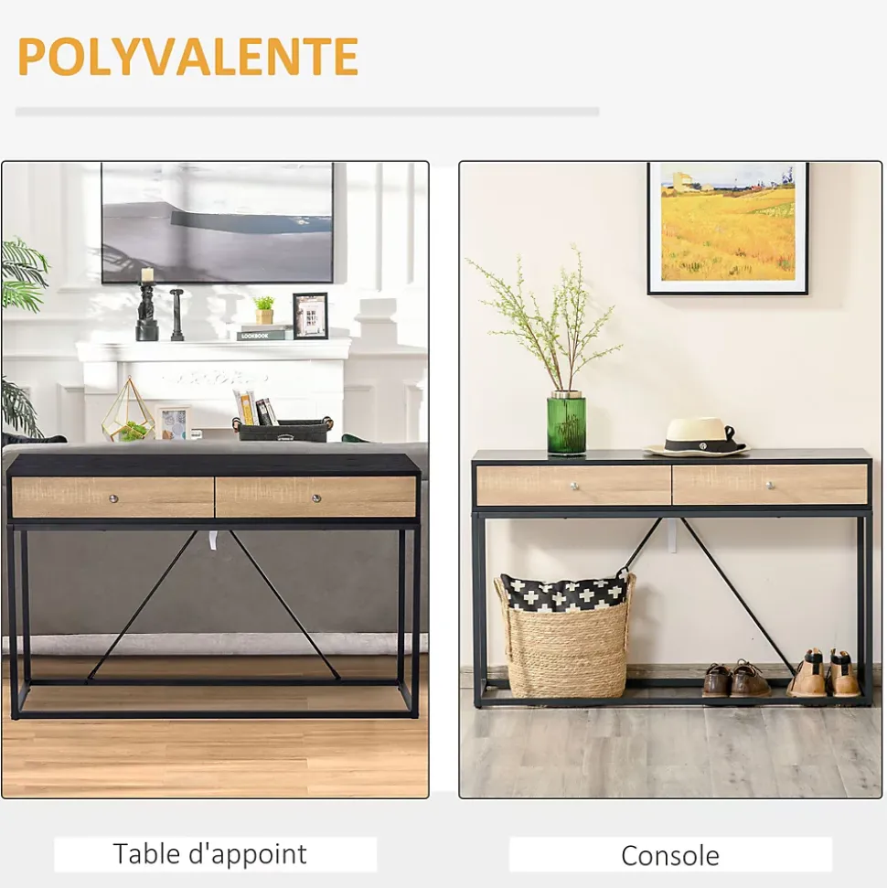 Table console moderne 2 tiroirs métal et panneau de particules dim. 120 x 35 x 75 cm