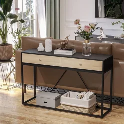 Table console moderne 2 tiroirs métal et panneau de particules dim. 120 x 35 x 75 cm