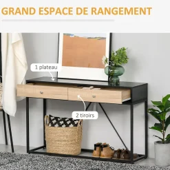Table console moderne 2 tiroirs métal et panneau de particules dim. 120 x 35 x 75 cm