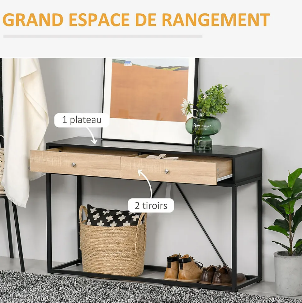 Table console moderne 2 tiroirs métal et panneau de particules dim. 120 x 35 x 75 cm