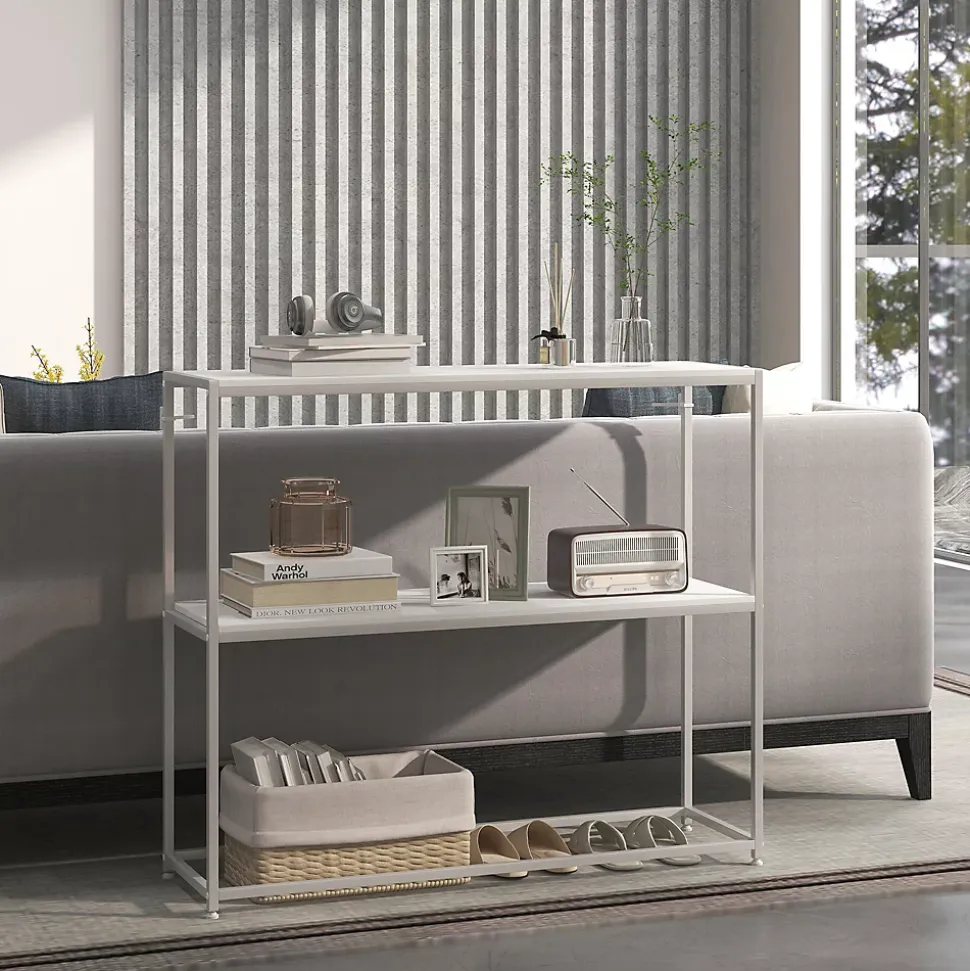 Table console plateau étagère dim. 100L x 30l x 87H cm acier panneaux blanc