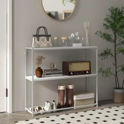 Table console plateau étagère dim. 100L x 30l x 87H cm acier panneaux blanc