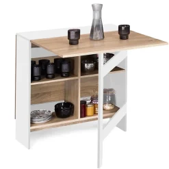 Table console pliable EDI 2-6 personnes avec rangements bois blanc plateau façon hêtre 150 x 80 cm