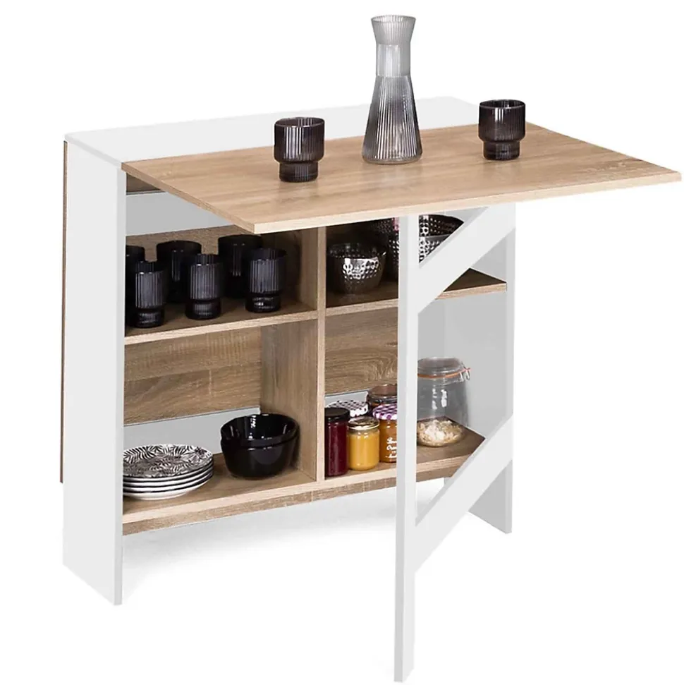 Table console pliable EDI 2-6 personnes avec rangements bois blanc plateau façon hêtre 150 x 80 cm