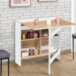 Table console pliable EDI 2-6 personnes avec rangements bois blanc plateau façon hêtre 150 x 80 cm