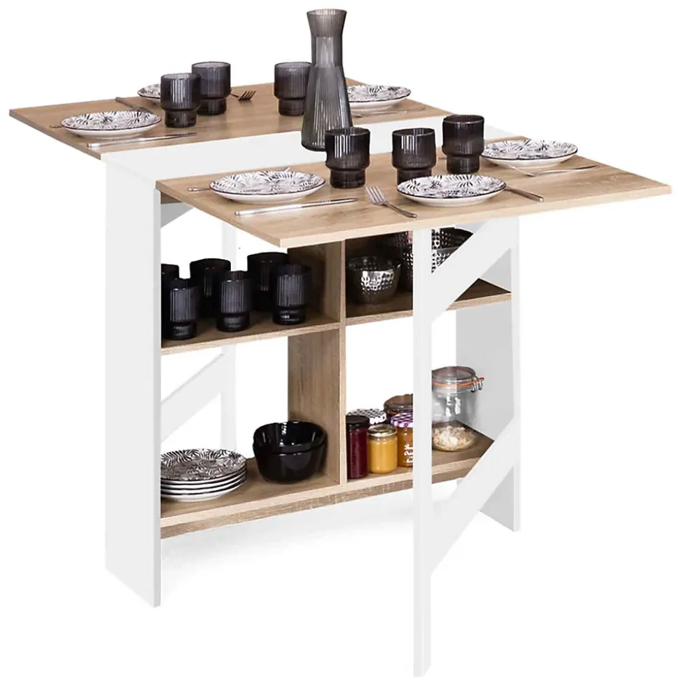 Table console pliable EDI 2-6 personnes avec rangements bois blanc plateau façon hêtre 150 x 80 cm