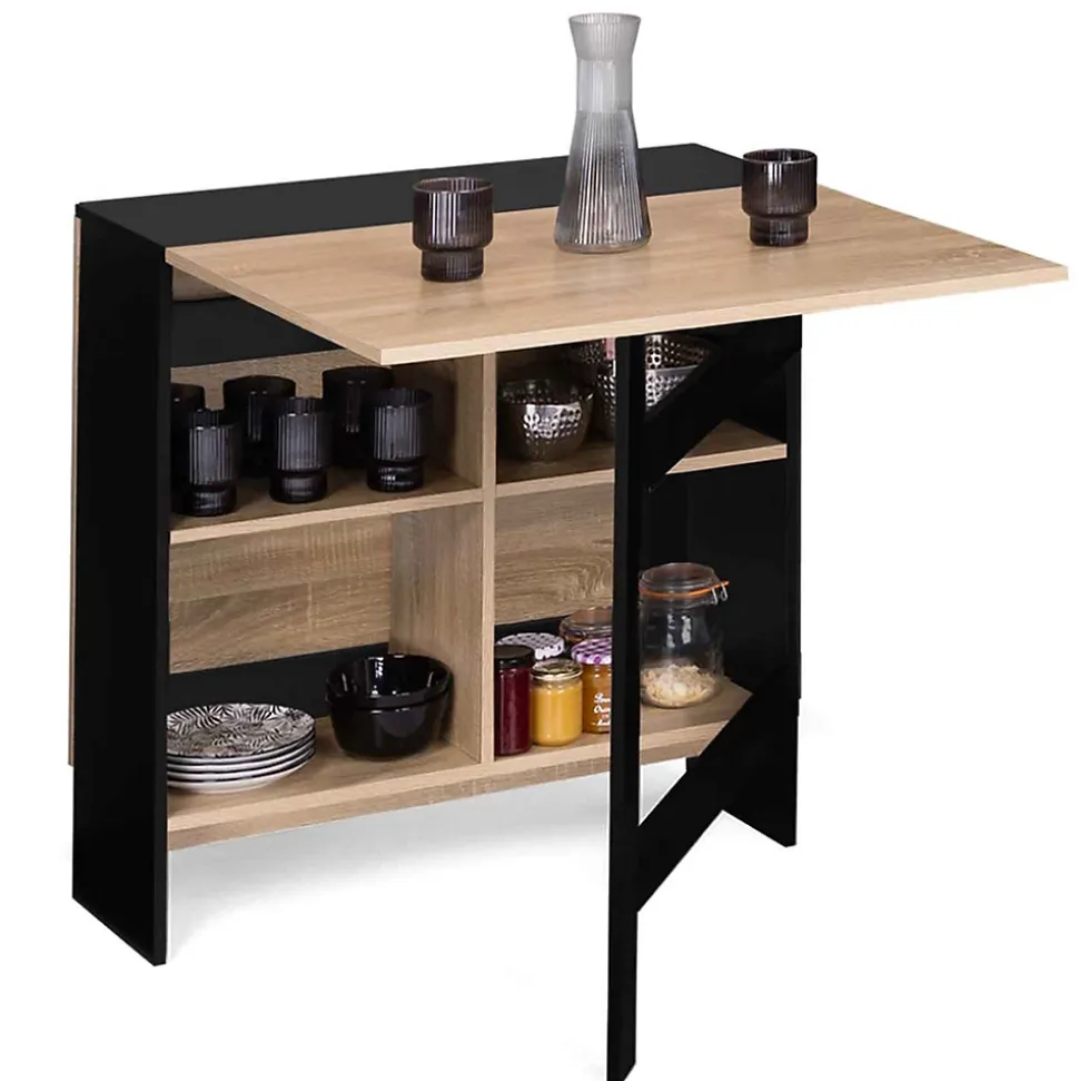 Table console pliable EDI 2-6 personnes avec rangements bois noir plateau façon hêtre 150 x 80 cm
