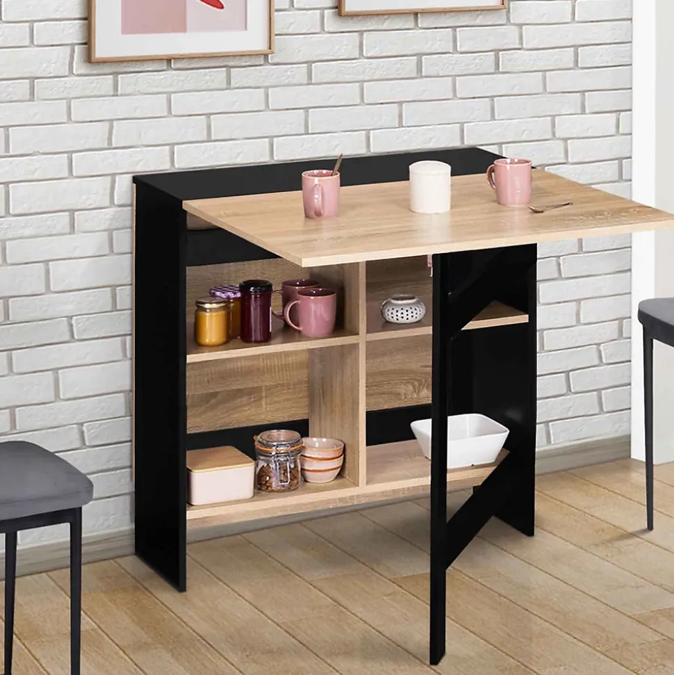Table console pliable EDI 2-6 personnes avec rangements bois noir plateau façon hêtre 150 x 80 cm