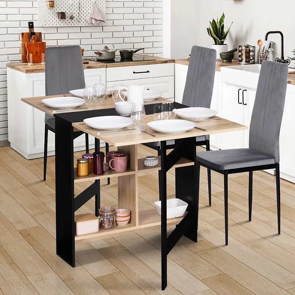 Table console pliable EDI 2-6 personnes avec rangements bois noir plateau façon hêtre 150 x 80 cm