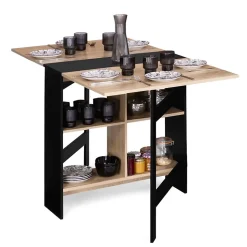 Table console pliable EDI 2-6 personnes avec rangements bois noir plateau façon hêtre 150 x 80 cm