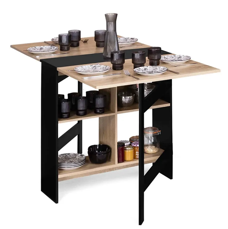 Table console pliable EDI 2-6 personnes avec rangements bois noir plateau façon hêtre 150 x 80 cm