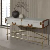 Table console rectangulaire, tissu, noyer et acier poli doré