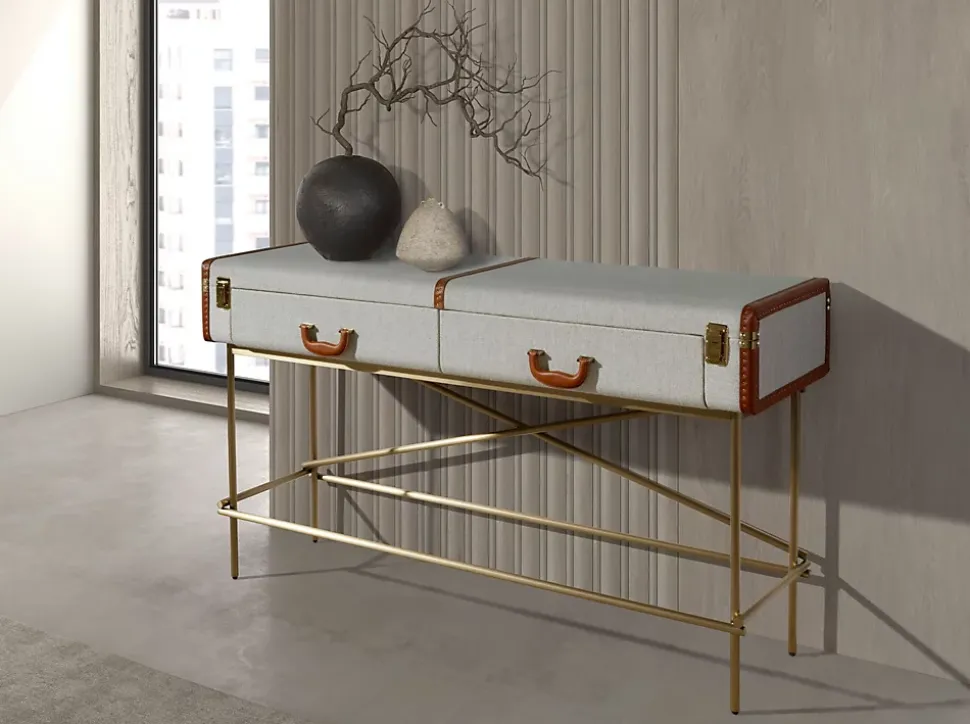 Table console rectangulaire, tissu, noyer et acier poli doré