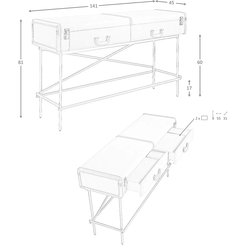 Table console rectangulaire, tissu, noyer et acier poli doré