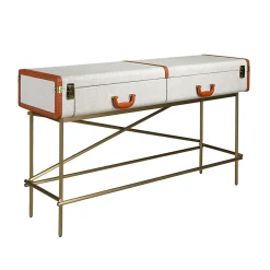Table console rectangulaire, tissu, noyer et acier poli doré