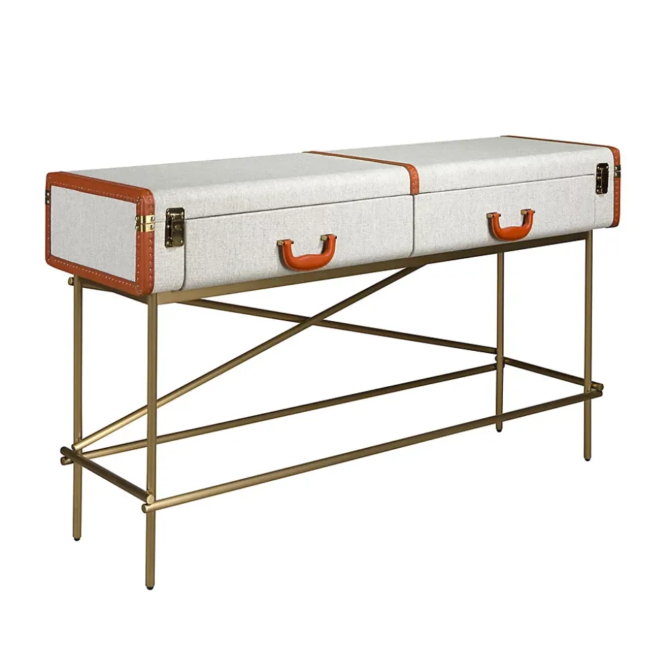 Table console rectangulaire, tissu, noyer et acier poli doré