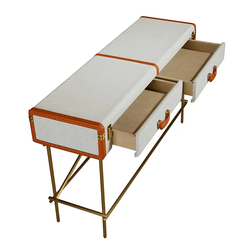 Table console rectangulaire, tissu, noyer et acier poli doré