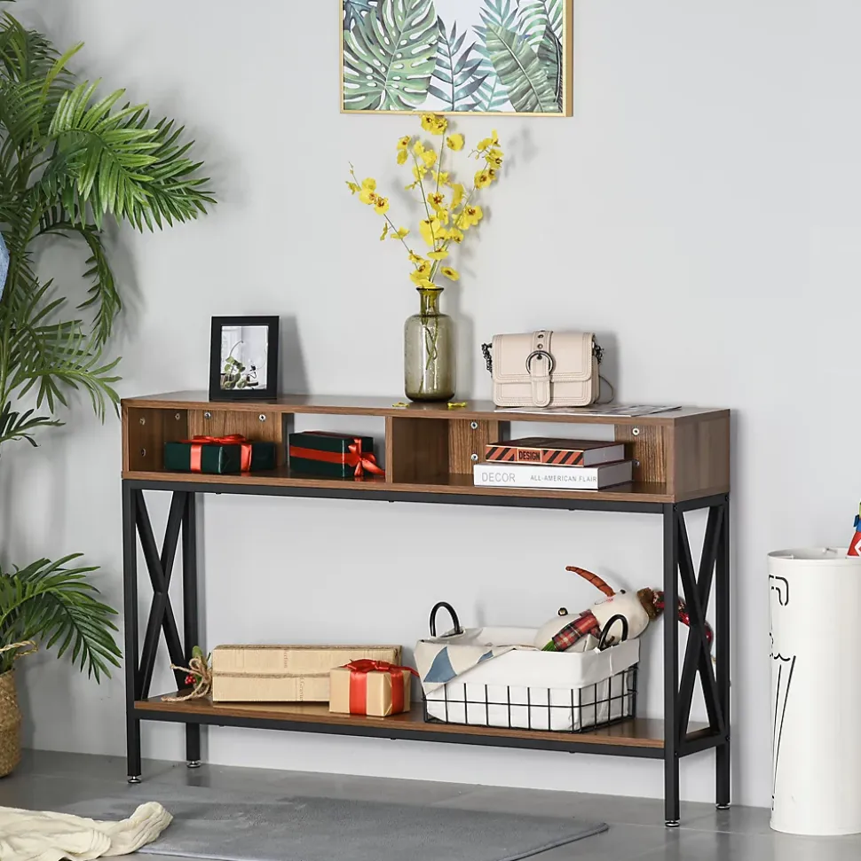 Table Console Table d'Entrée Industriel Multi-rangements 120 x 23,5 x 75 cm Bois Noyer