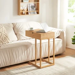 Table d'appoint pour ordinateur portable Kaafjord avec tiroir bambou 68 x 55 x 35 cm naturel en.casa