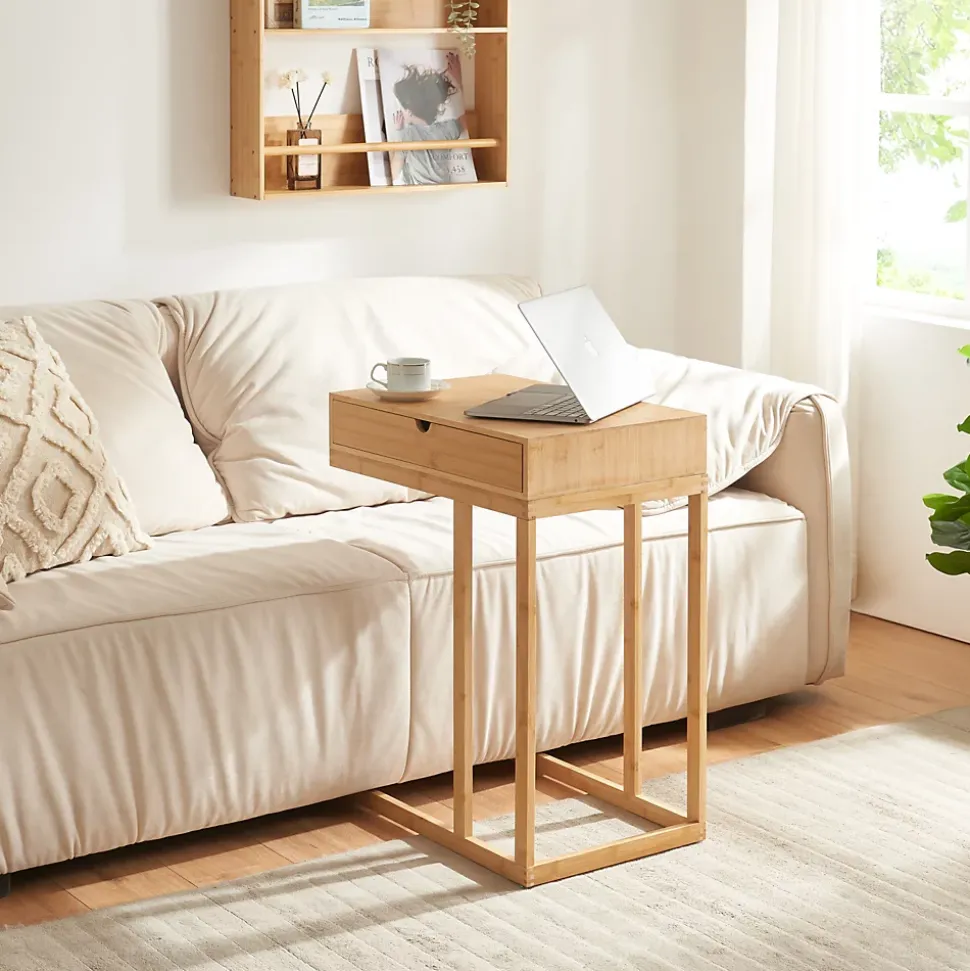 Table d'appoint pour ordinateur portable Kaafjord avec tiroir bambou 68 x 55 x 35 cm naturel en.casa