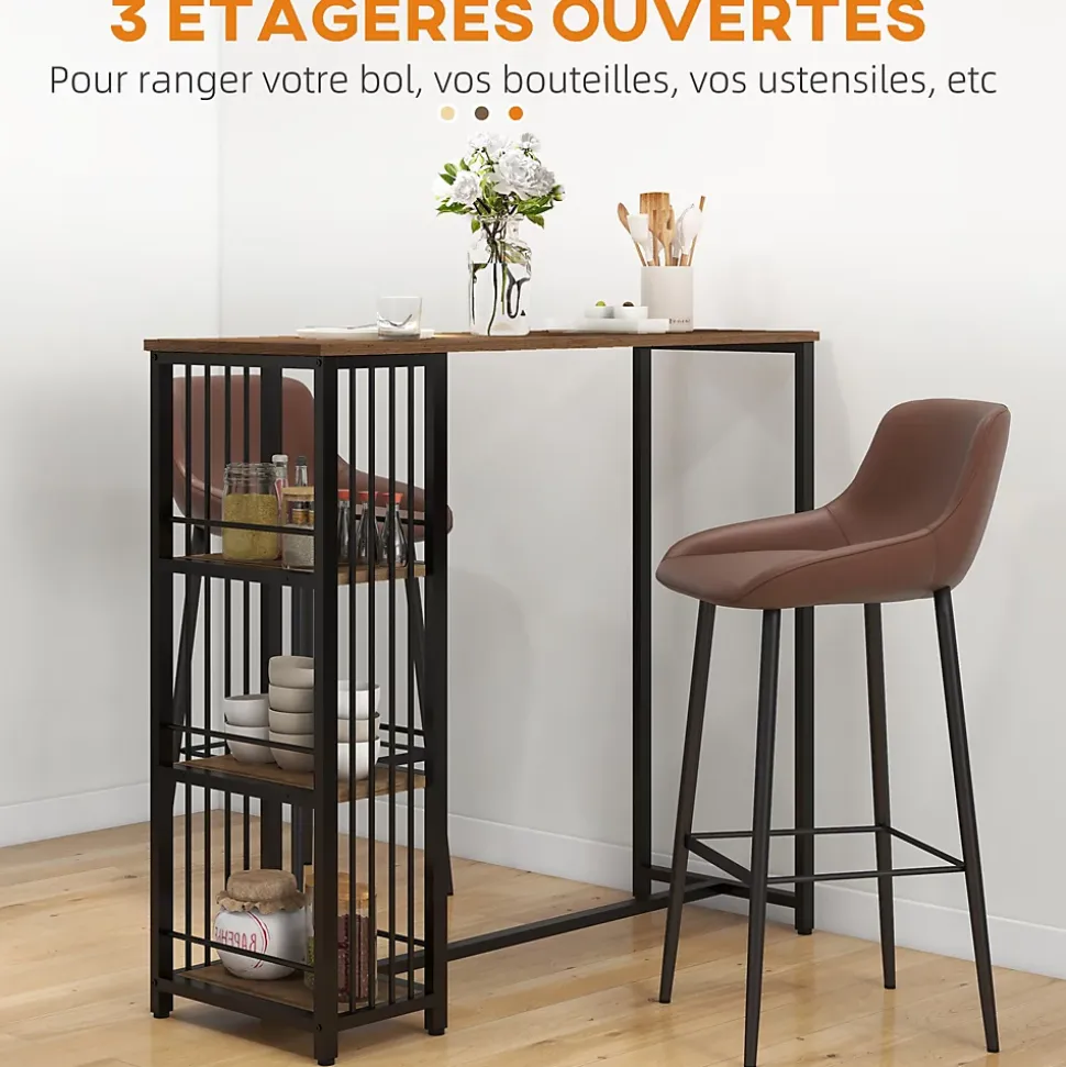 Table de bar 3 étagères style industriel acier noir aspect panneaux aspect bois