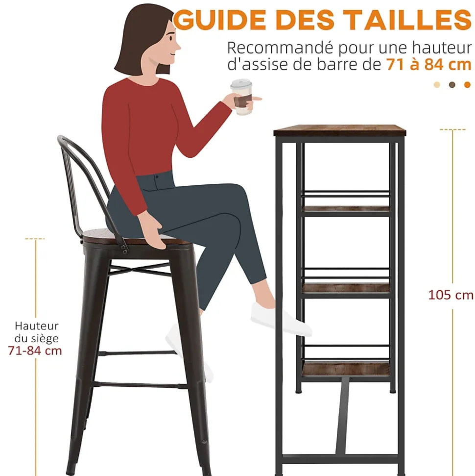Table de bar 3 étagères style industriel acier noir aspect panneaux aspect bois