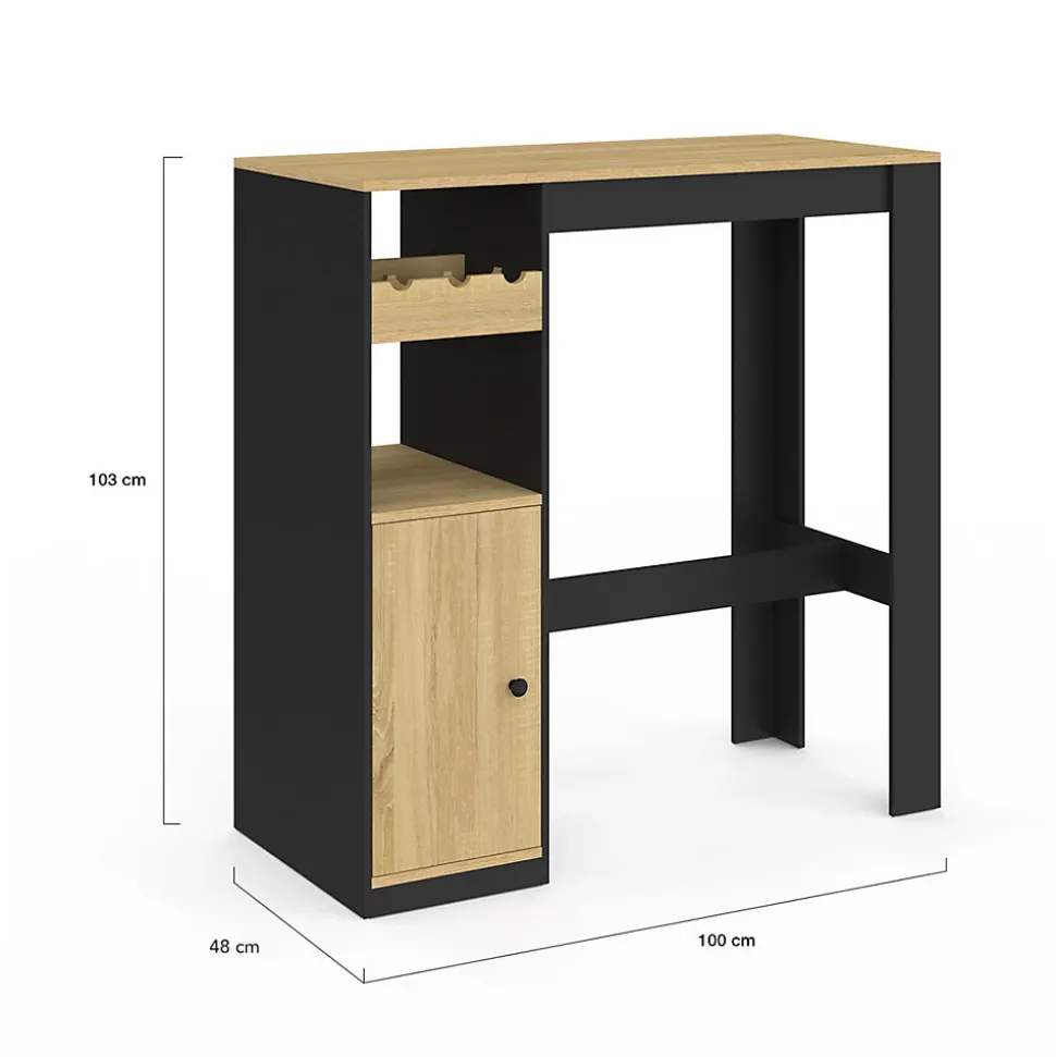 Table de bar AMERI avec placard et range bouteilles 2 personnes bois et noir