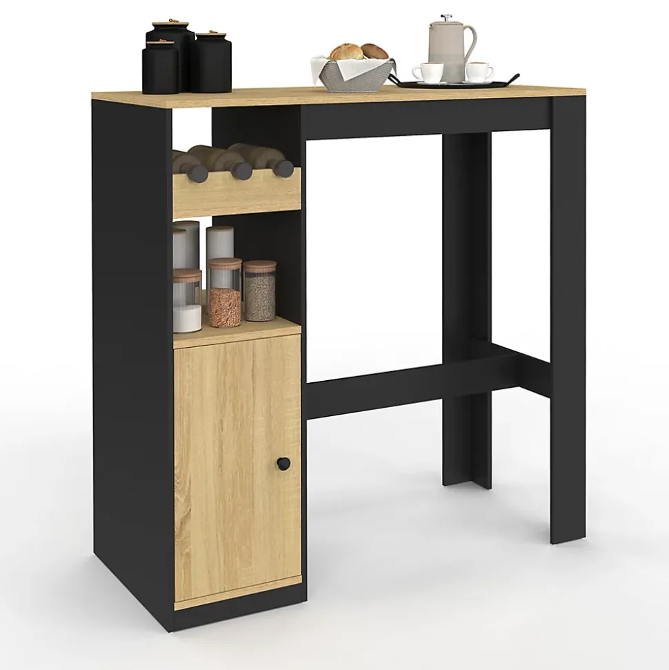 Table de bar AMERI avec placard et range bouteilles 2 personnes bois et noir