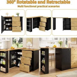 Table de Bar Extensible - Buffet Pivotant avec Tiroirs et Étagères, MDF - Noir, 138-204x39x104 cm