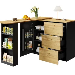 Table de Bar Extensible - Buffet Pivotant avec Tiroirs et Étagères, MDF - Noir, 138-204x39x104 cm