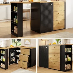 Table de Bar Extensible - Buffet Pivotant avec Tiroirs et Étagères, MDF - Noir, 138-204x39x104 cm