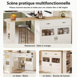 Table de Bar Extensible - Buffet Pivotant à Rotation Complète avec Étagères et Tiroirs, MDF - Blanc, 138-204x39x104 cm