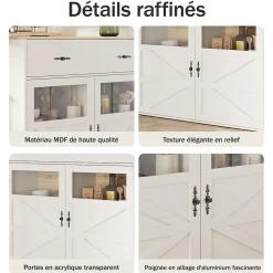 Table de Bar Extensible - Buffet Pivotant à Rotation Complète avec Étagères et Tiroirs, MDF - Blanc, 138-204x39x104 cm