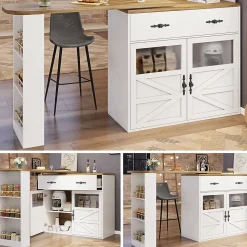 Table de Bar Extensible - Buffet Pivotant à Rotation Complète avec Étagères et Tiroirs, MDF - Blanc, 138-204x39x104 cm