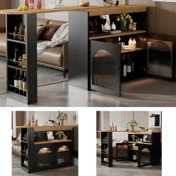 Table de Bar Extensible - Table Haute avec Rangements et LED, Table Pivotante Moderne pour Salle à Manger, 138-193x39x105 cm, Noir