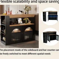 Table de Bar Extensible - Table Haute avec Rangements et LED, Table Pivotante Moderne pour Salle à Manger, 138-193x39x105 cm, Noir