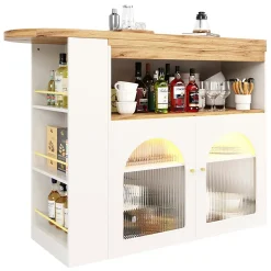 Table de Bar Extensible - Table Haute Pivotante Moderne avec Rangements et LED, pour Salle à Manger, 138-193x39x105 cm, Blanc
