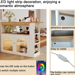 Table de Bar Extensible - Table Haute Pivotante Moderne avec Rangements et LED, pour Salle à Manger, 138-193x39x105 cm, Blanc