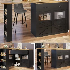 Table de Bar Extensible - Buffet Pivotant à Rotation Complète avec Rangement et Étagères, MDF - Noir, 138-204x39x104 cm