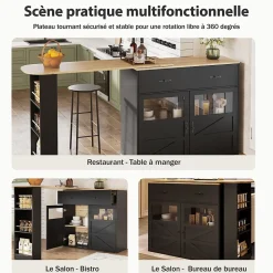Table de Bar Extensible - Buffet Pivotant à Rotation Complète avec Rangement et Étagères, MDF - Noir, 138-204x39x104 cm