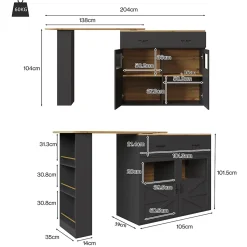 Table de Bar Extensible - Buffet Pivotant à Rotation Complète avec Rangement et Étagères, MDF - Noir, 138-204x39x104 cm