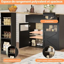 Table de Bar Extensible - Buffet Pivotant à Rotation Complète avec Rangement et Étagères, MDF - Noir, 138-204x39x104 cm