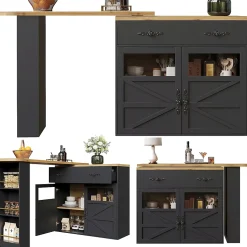 Table de Bar Extensible - Buffet Pivotant à Rotation Complète avec Rangement et Étagères, MDF - Noir, 138-204x39x104 cm