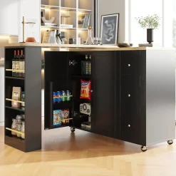Table de Bar Extensible avec 3 Tiroirs et Support à Snacks, Meuble Bar Rotatif Multifonction, MDF, Noir, 138-209x39x104 cm