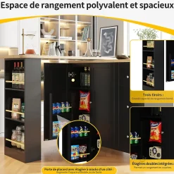 Table de Bar Extensible avec 3 Tiroirs et Support à Snacks, Meuble Bar Rotatif Multifonction, MDF, Noir, 138-209x39x104 cm