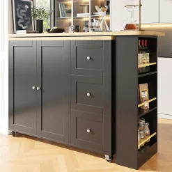 Table de Bar Extensible avec 3 Tiroirs et Support à Snacks, Meuble Bar Rotatif Multifonction, MDF, Noir, 138-209x39x104 cm