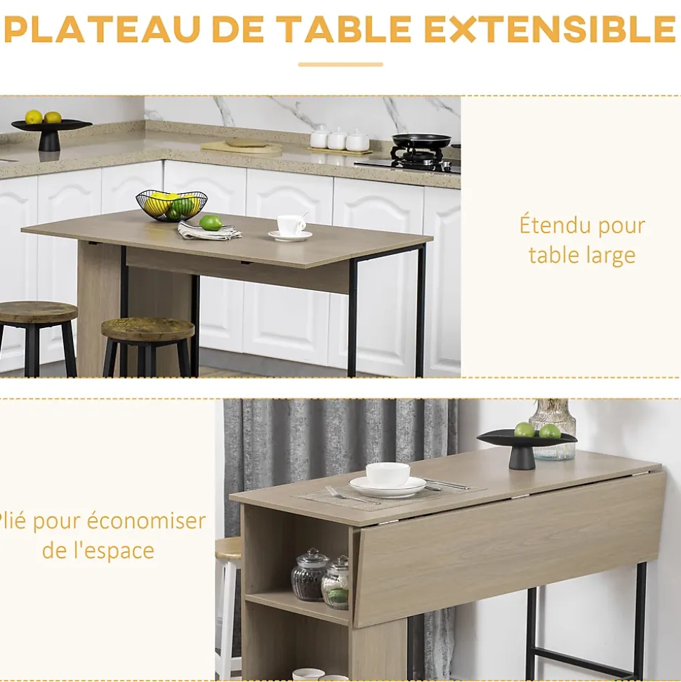 Table de bar extensible design industriel - 3 étagères intégrées - châssis métal noir aspect bois gris