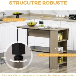 Table de bar extensible design industriel - 3 étagères intégrées - châssis métal noir aspect bois gris