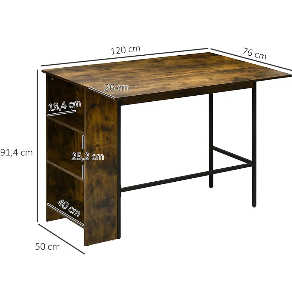 Table de bar extensible design industriel - 3 étagères intégrées - châssis métal noir aspect bois vieilli